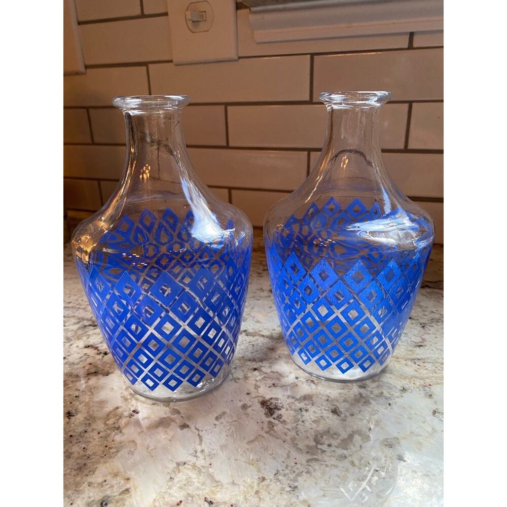 2 Crystal D'Arques France Mid Century Blue Diamond Vases Decanters